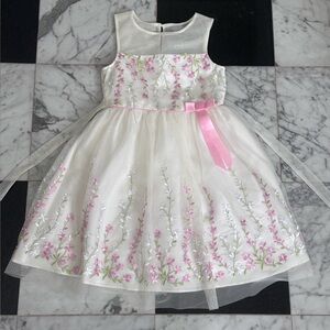 Jona Michelle Ivory Floral Tulle Dress 7 Pink Bow Embroidered Sheer Party Easter
